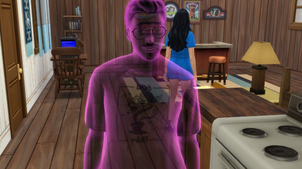 A screenshot from The Sims 4 showing a purple ghost in a wood cabin 