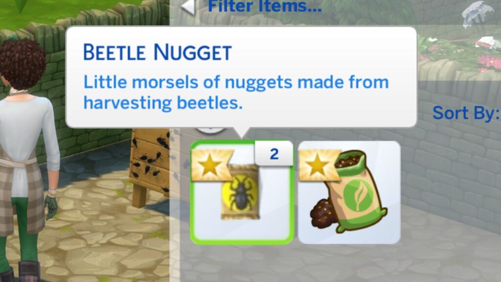 A screenshot from The Sims 4 showing beetle nuggets in a sim's inventory 