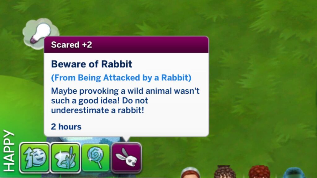 A screenshot from The Sims 4 showing the +2 Scared moodlet called Beware of Rabbit 