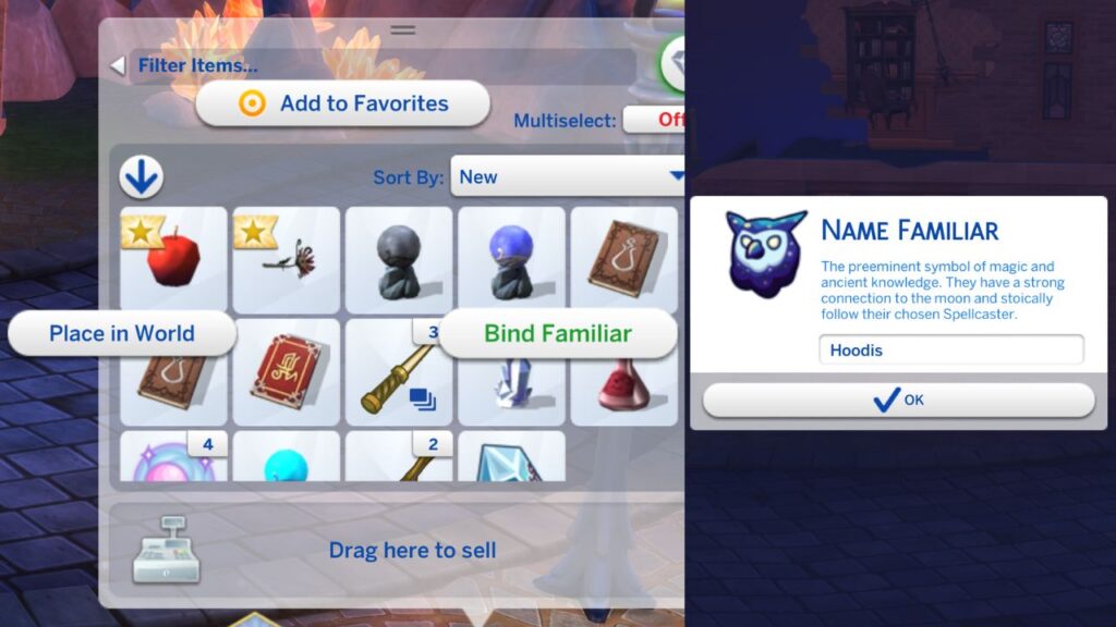 A screenshot from The Sims 4 showing how to bind a familiar to a sim