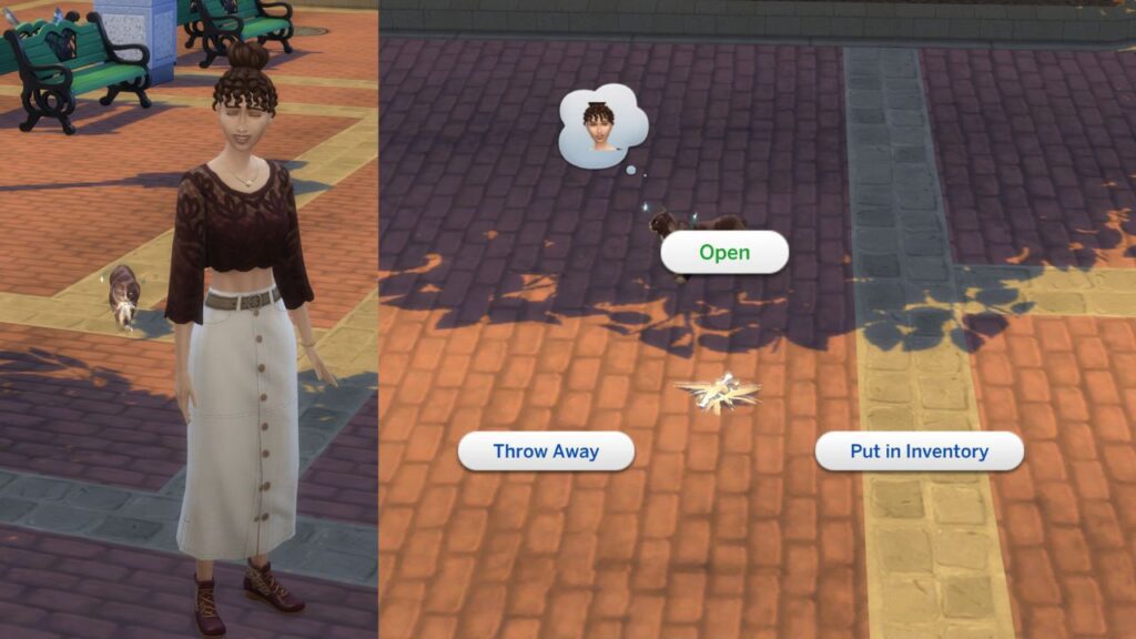 A screenshot from The Sims 4 showing a pile of feathers being delivered by a cat and the option. toopen them
