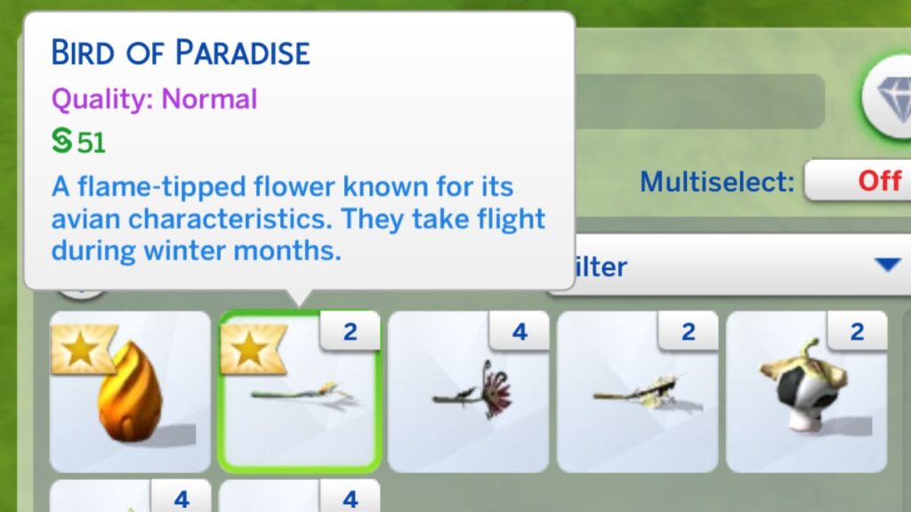 A screenshot from The Sims 4 showing a bird of paradise flower in a sim's inventory