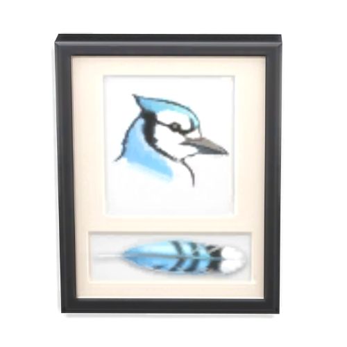 A screenshot from The Sims 4 with a black frame. Inside the frame is a picture of a blue jay with a feather underneath