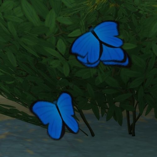 A screenshot from The Sims 4 showing three blue morpho butterflies