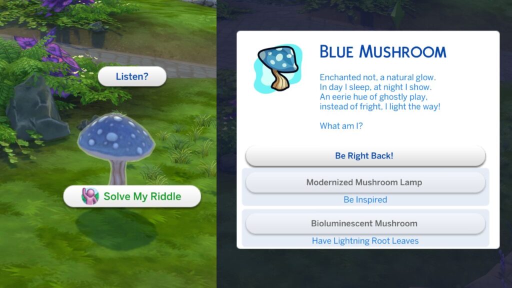 A screenshot from The Sims 4 showing the riddle for a blue mushroom 