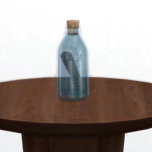 A screenshot from The Sims 4 showing a wooden table with a blue tinted glass bottle on top