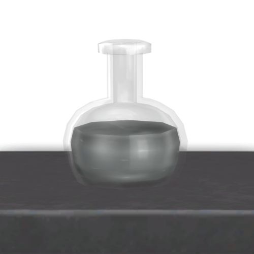 A screenshot from The Sims 4 showing a dark wooden shelf with a bored emotion potion on top