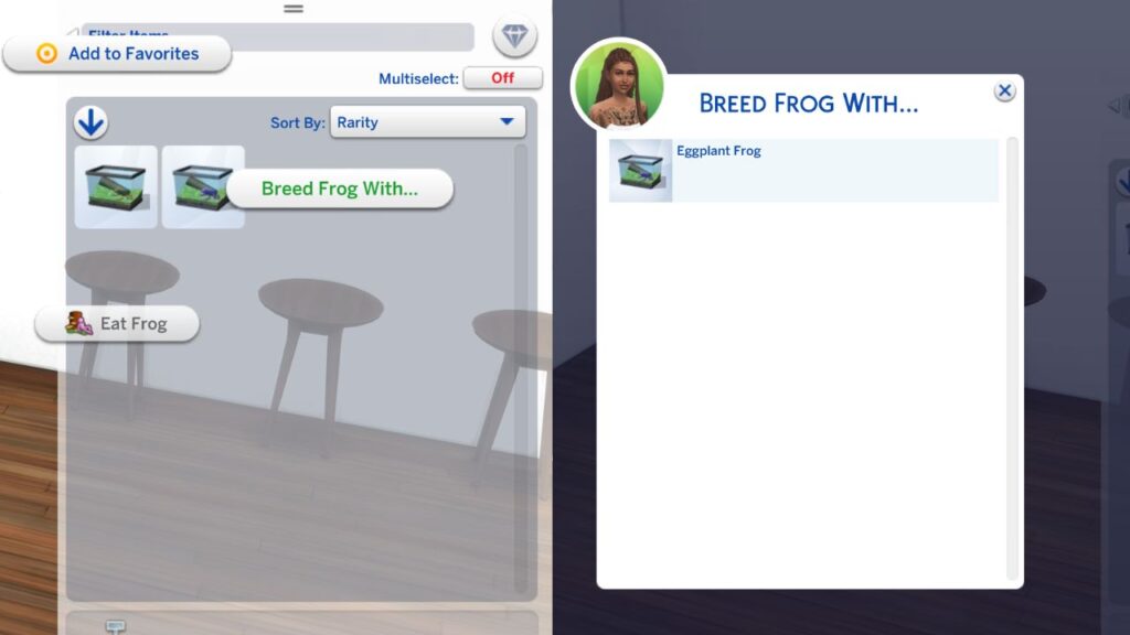 A screenshot from The Sims 4 showing how to breed frogs