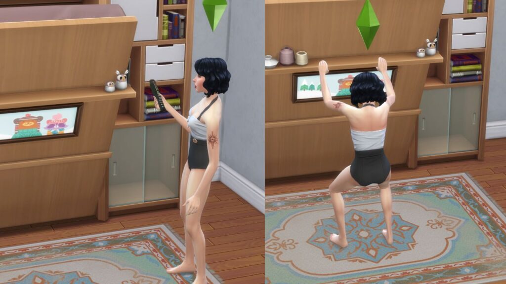 A screenshot from The Sims 4 showing a sim trying to force open a broken Murphy Bed