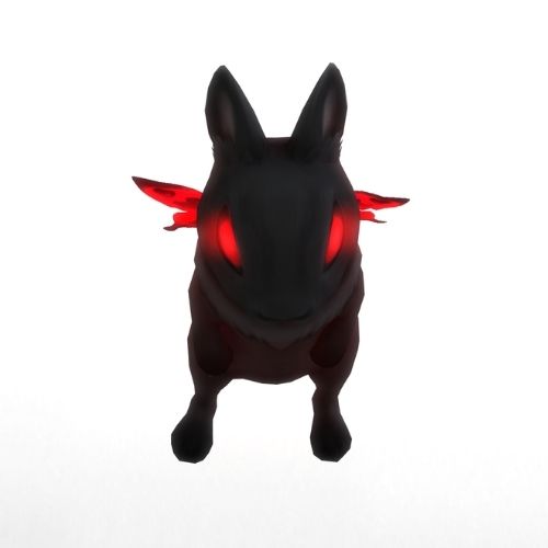 A screenshot from The Sims 4 showing a flying bunny with red eyes and wings