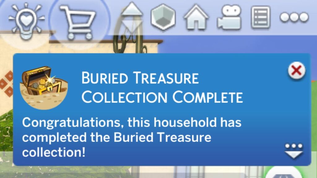 A screenshot from The Sims 4 showing the notification you get for getting the buried treasure collection 