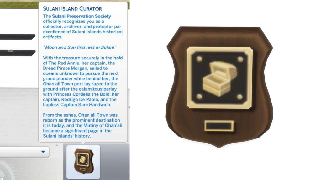 A screenshot from The Sims 4 showing the Sulani Island Curator plaque 