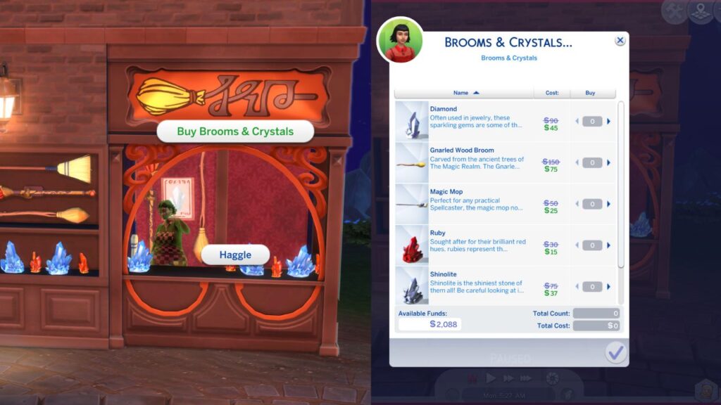 A screenshot from The Sims 4 showing the options to purchase at Brooms, Baubles, and Beyond!
