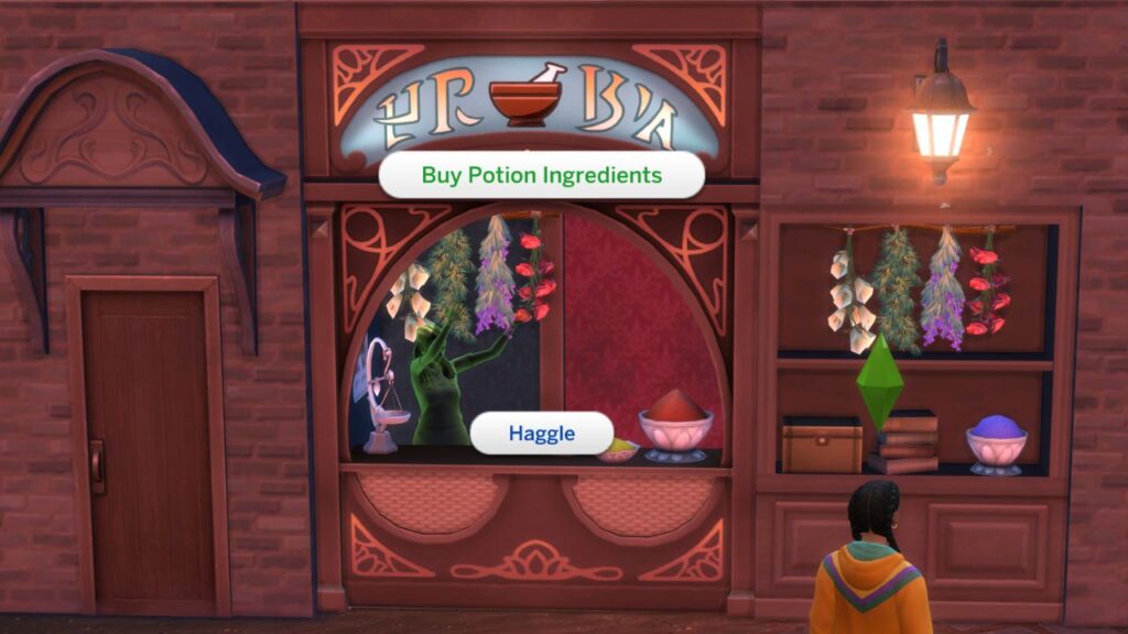 A screenshot from The Sims 4 showing how to buy potion ingredients from casters alley