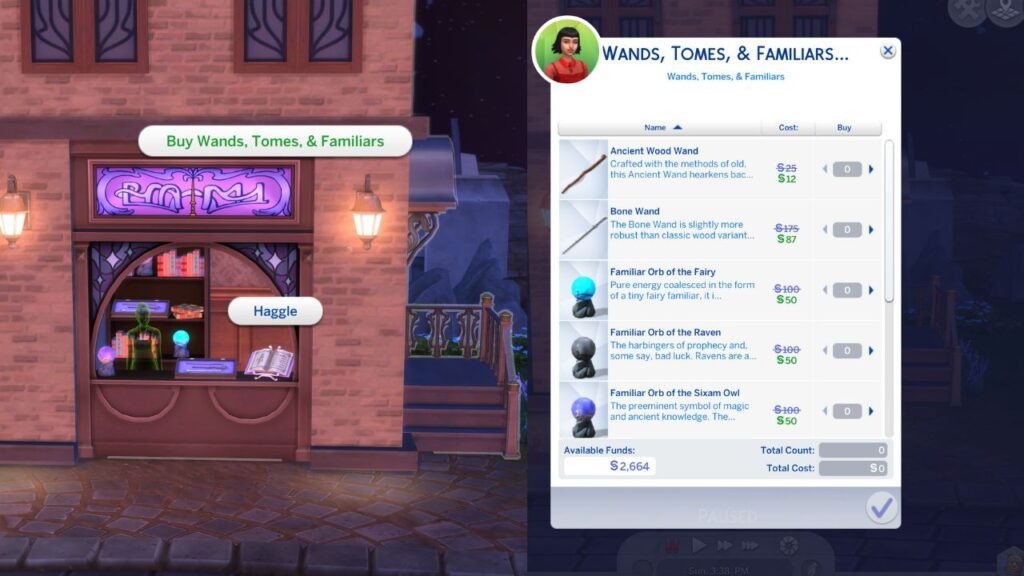 A screenshot from The Sims 4 showing the options you. can purchase at Juan's Wonderful One Stop Wand Warehouse
