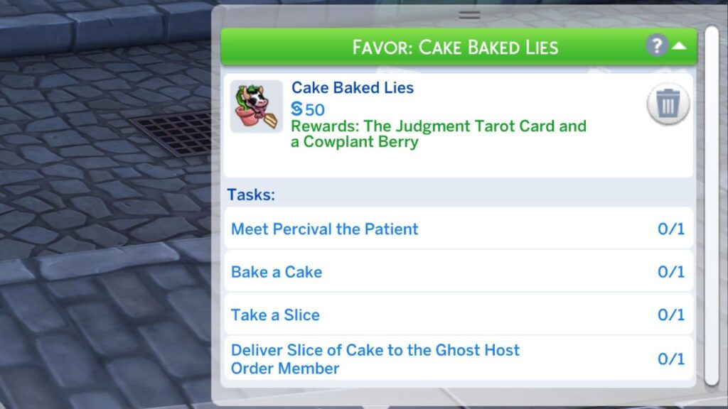 A screenshot from The Sims 4 showing the favor: cake baked lies tasks