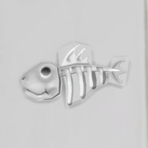 A screenshot from The Sims 4 showing a white floor with a captain fishbones bonefish