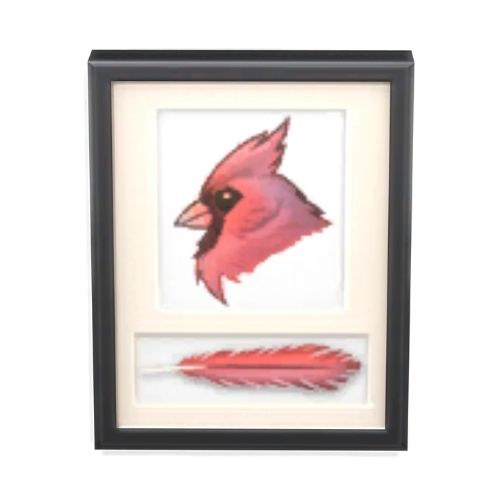 A screenshot from The Sims 4 with a black frame. Inside the frame is a picture of a cardinal with a feather underneath