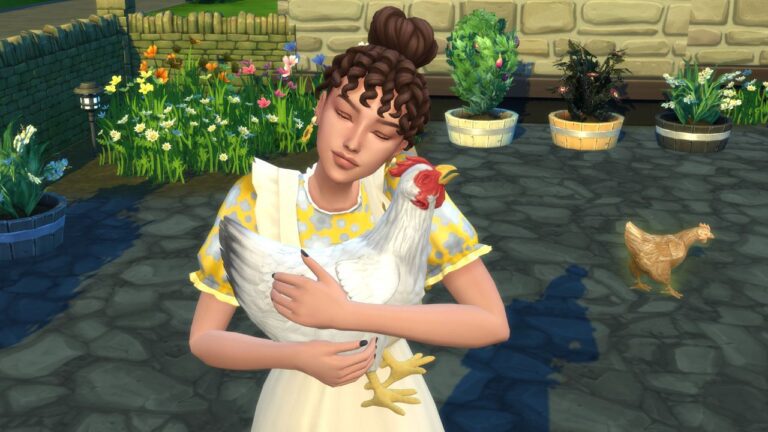 A screenshot from The Sims 4 showing a sim hugging a chicken