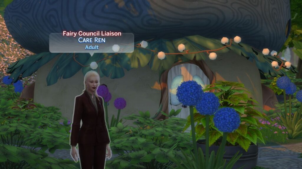 A screenshot from The Sims 4 showing the location of the fairy council liaison Care Ren.