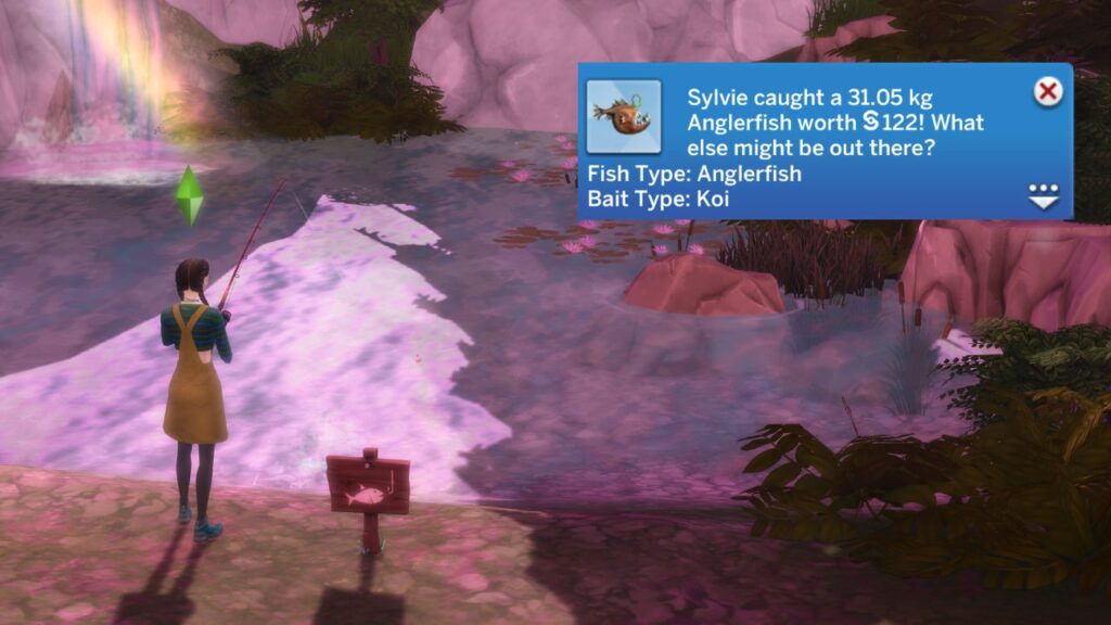 A screenshot from The Sims 4 showing a sim fishing with bait and catching an anglerfish
