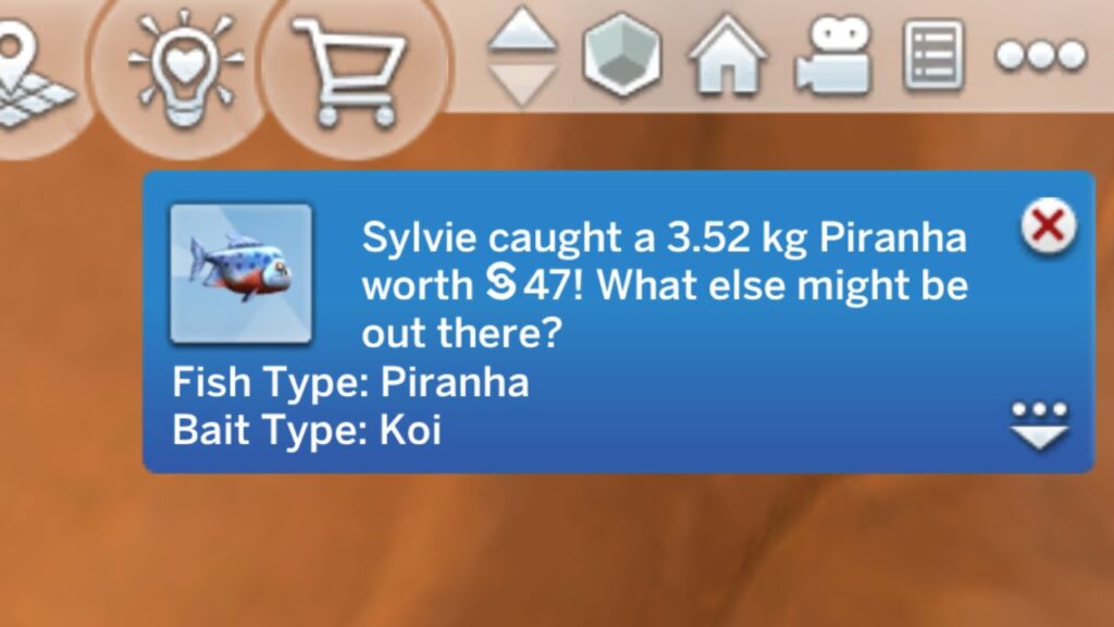 A screenshot from The Sims 4 showing the notification when a sim catches a piranha 