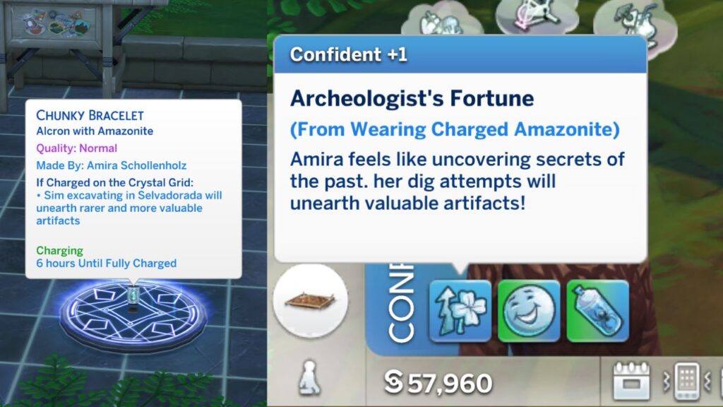 A screenshot from The Sims 4 showing the result of wearing a charged Amazonite
