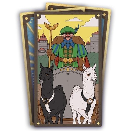 A set of three cards, the bottom two are face down. The top card has a man in a chariot being pulled by llamas