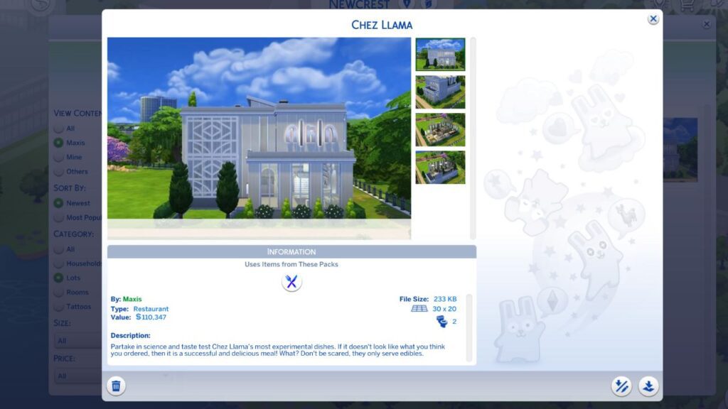 A screenshot from The Sims 4 showing the Chez Llama lot from Maxis on the EA Gallery