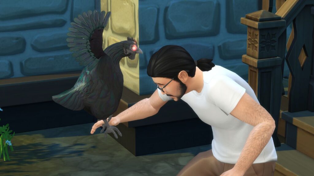 A screenshot from The Sims 4 showing an evil chicken attacking a sim