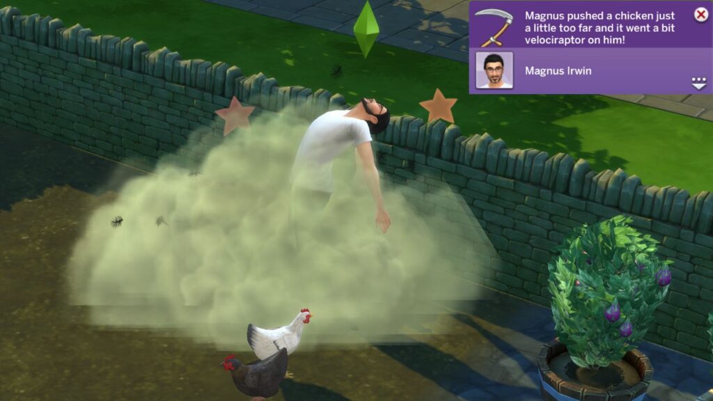 A screenshot from The Sims 4 showing a sim dying from an evil chicken attack