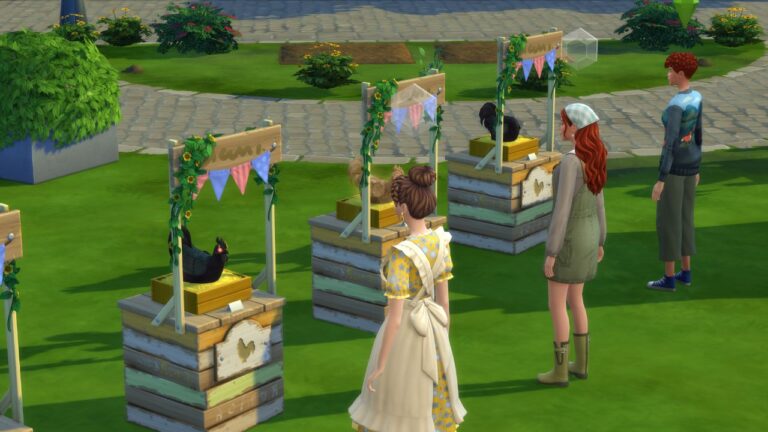 A screenshot from The Sims 4 showing sims at the chicken competition