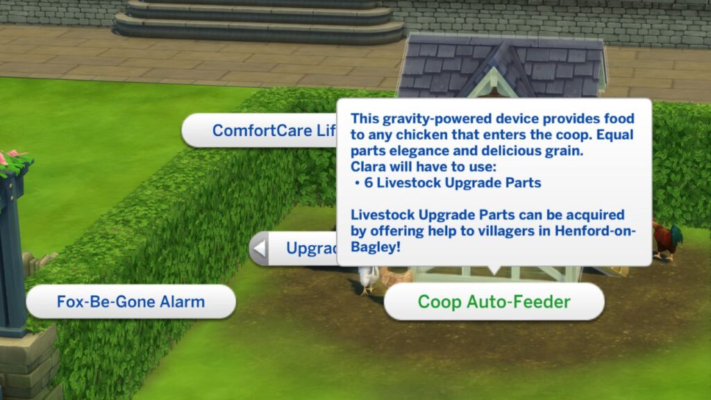 A screenshot from The Sims 4 showing how to add a coop auto-feeder to a chicken coop