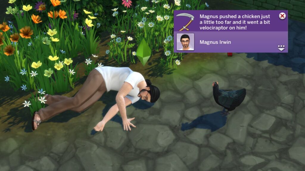 A screenshot from The Sims 4 showing a sim laying on the ground with a chicken staring at them 