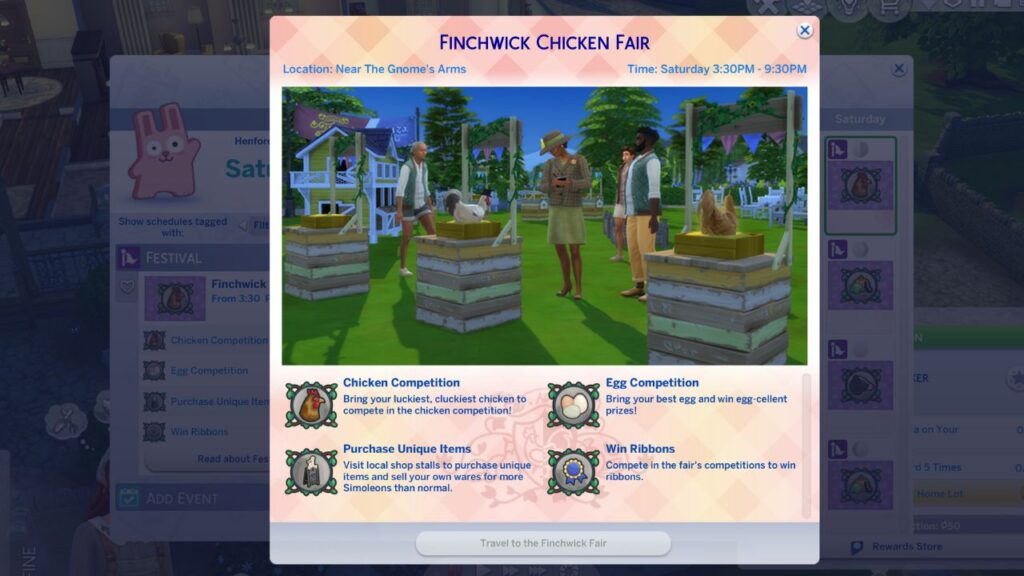 A screenshot from The Sims 4 showing The Finchwick Chicken Fair