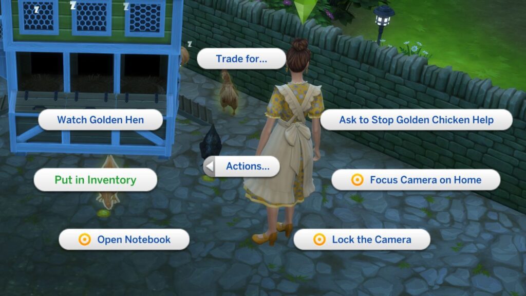 A screenshot from The Sims 4 showing how to put a chicken in a sim's inventory