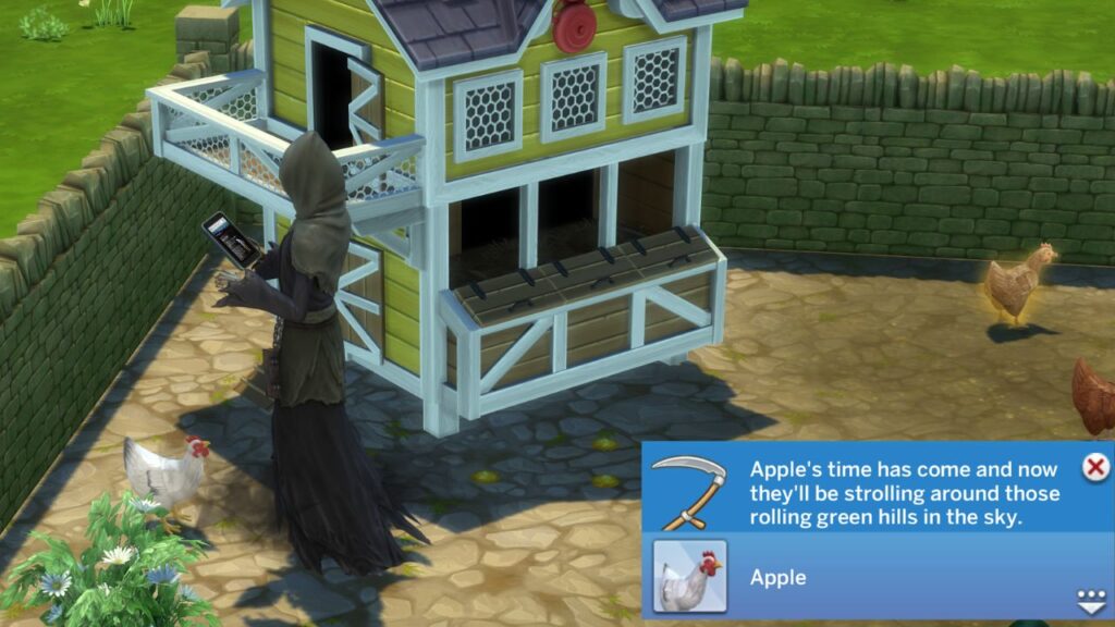 A screenshot from The Sims 4 showing the grim reaper coming to take a chicken