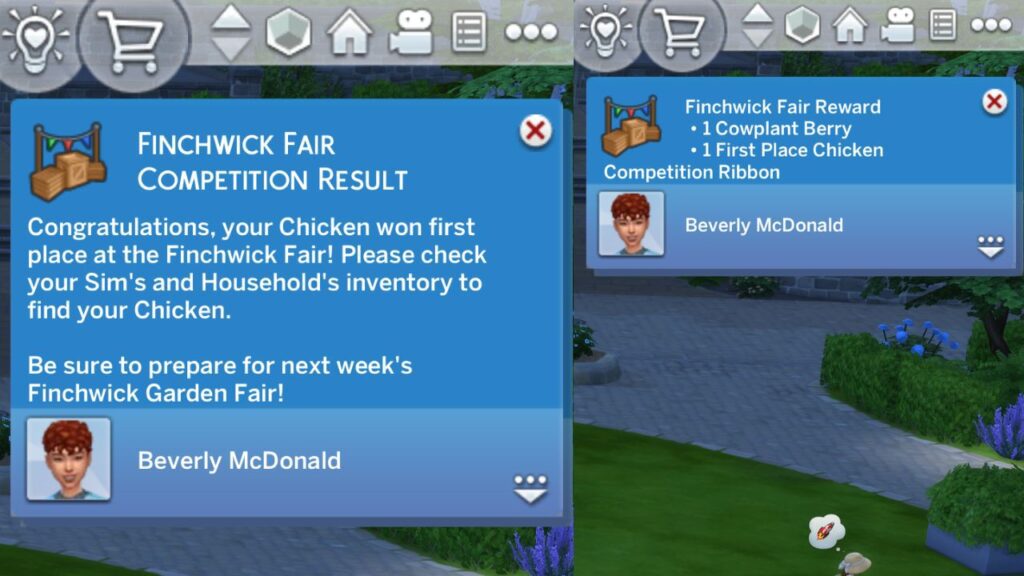 A screenshot from The Sims 4 showing the results of the finchwick chicken fair