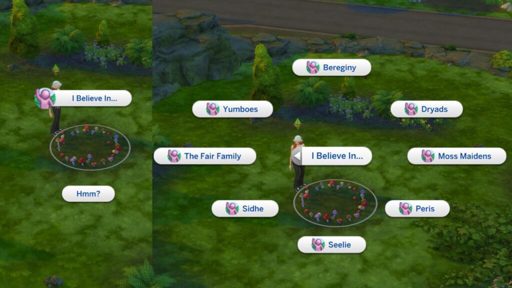 A screenshot from The Sims 4 showing the options for believing in fairies at the fairy ring