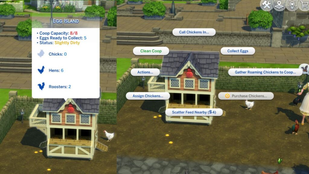 A screenshot from The Sims 4 showing how to clean a chicken coop