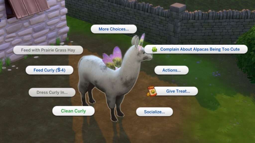 A screenshot from The Sims 4 showing a dirty llama with the option to clean them 