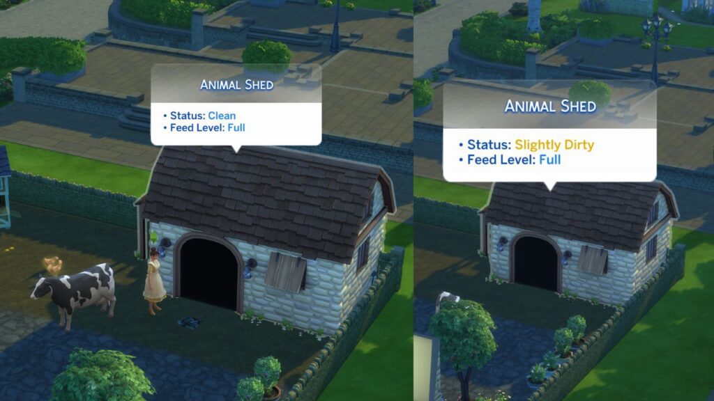 A screenshot from The Sims 4 showing a clean and slightly dirty animal shed