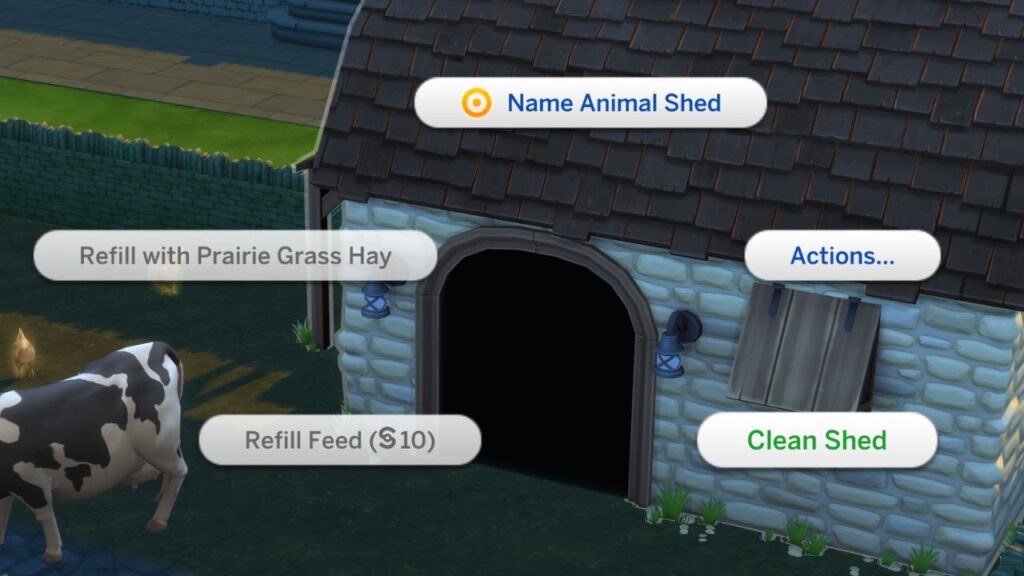 A screenshot from The Sims 4 showing how to clean a shed 