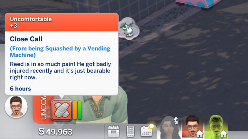 A screenshot from The Sims 4 showing the Close Call +3 Uncomfortable moodlet 