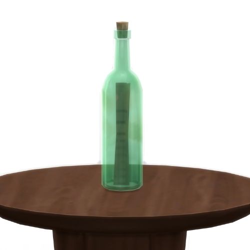 A screenshot from The Sims 4 showing a wooden table with a tall green glass bottle on top
