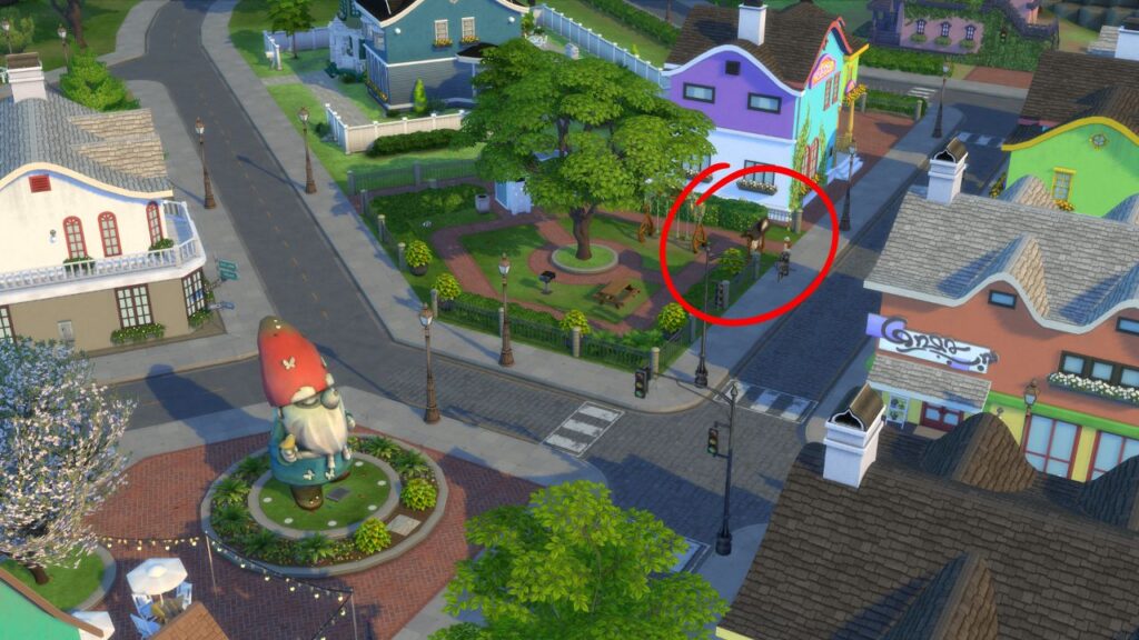 A screenshot from The Sims 4 showing the location of the fable board in the coast of Adhmor