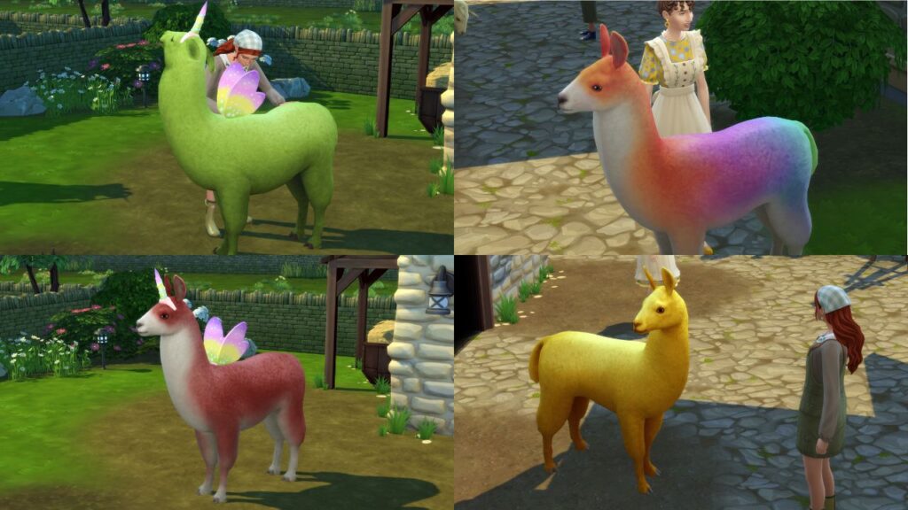 A screenshot from The Sims 4 showing four different colourful llamas 