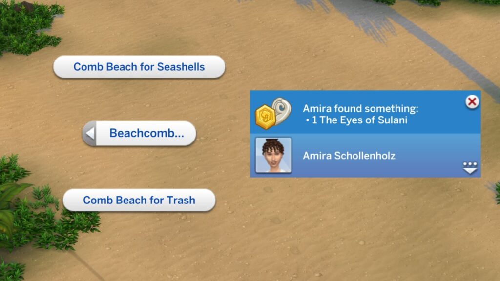 A screenshot from The Sims 4 showing how to beach comb for buried treasure 