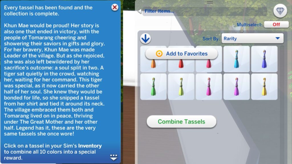 A screenshot from The Sims 4 showing the notification you get when finding all the tassels and the option to combine them