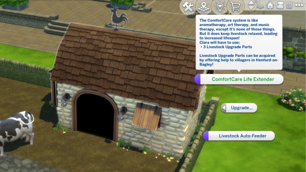 A screenshot from The Sims 4 showing how to add the comfort care life extender 